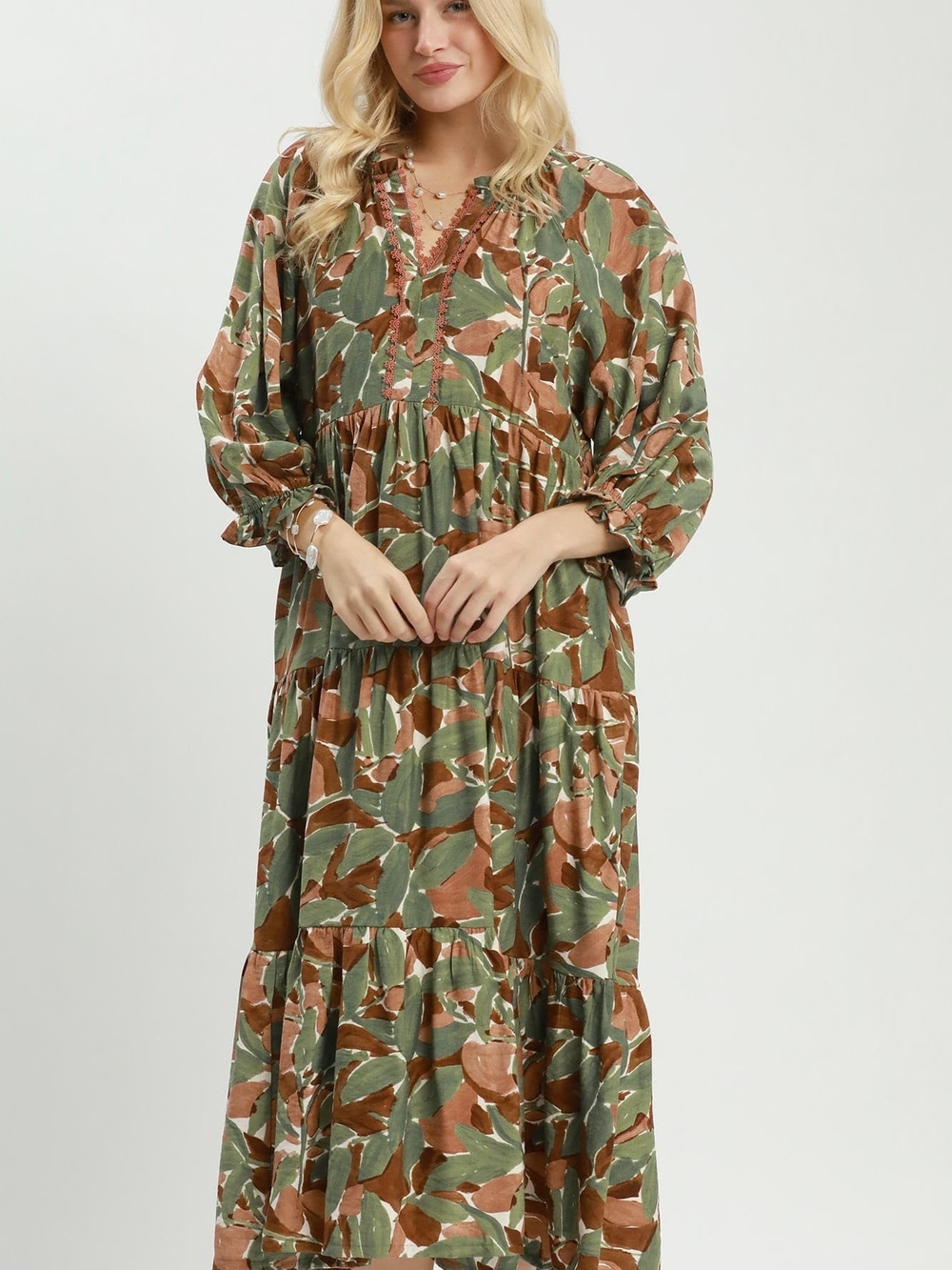 Tiered V-Neck Maxi Dress in Olive and Brown
